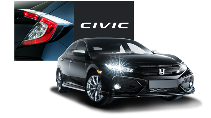 Driekwart vooraanzicht van Honda Silver Line met Honda Civic-logo.