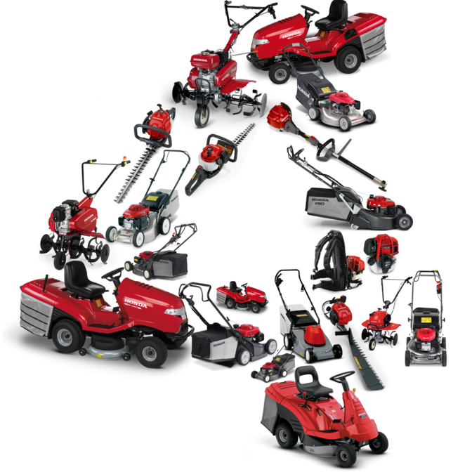 Verzameling van Honda tuin- en gazonproducten.