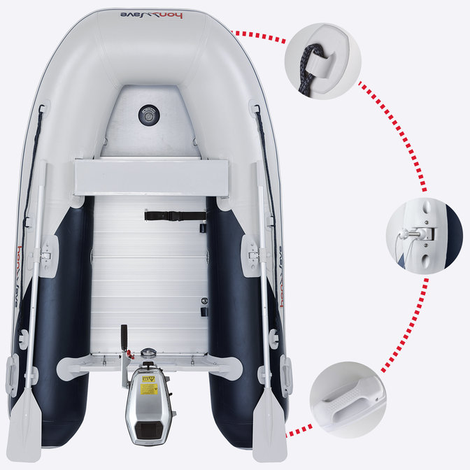 Bovenaanzicht van Honda opblaasboot, met focus op functies.