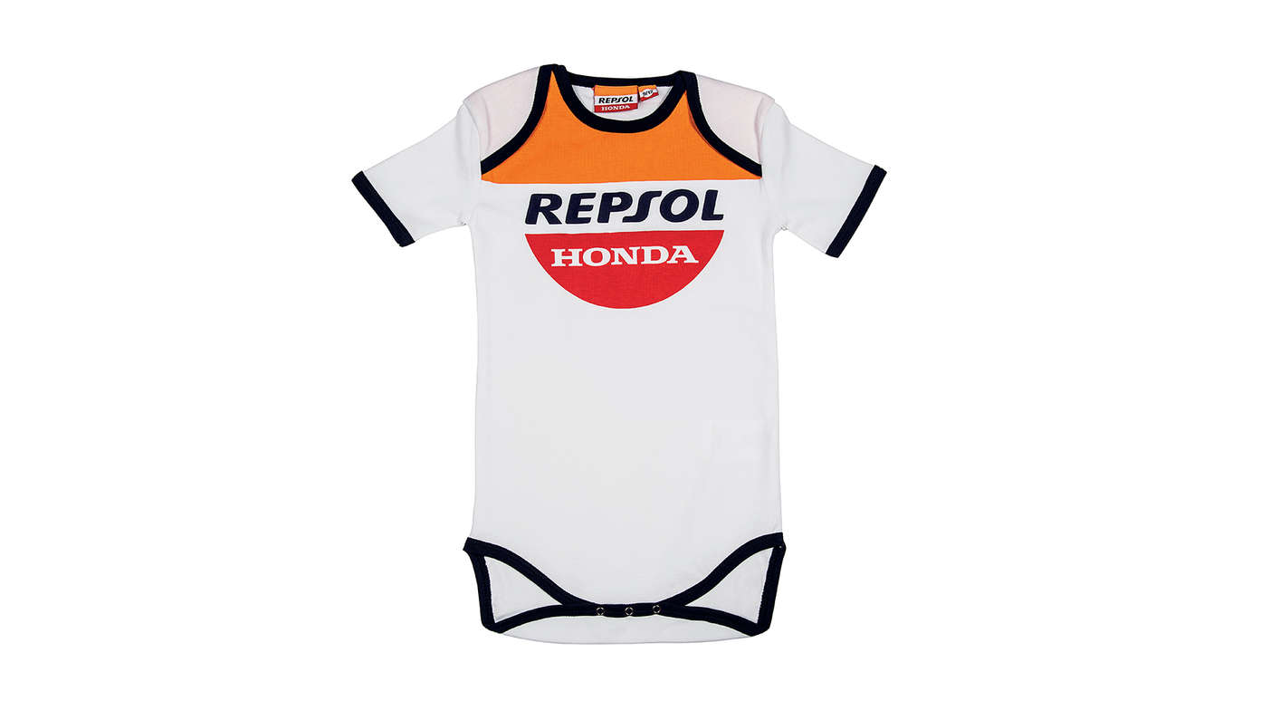 Honda Repsol babypak met Honda MotoGP-teamkleuren en Repsol-logo.