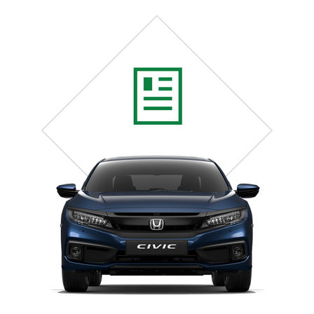 Vooraanzicht Honda Civic 4-deurs met illustratie brochure.