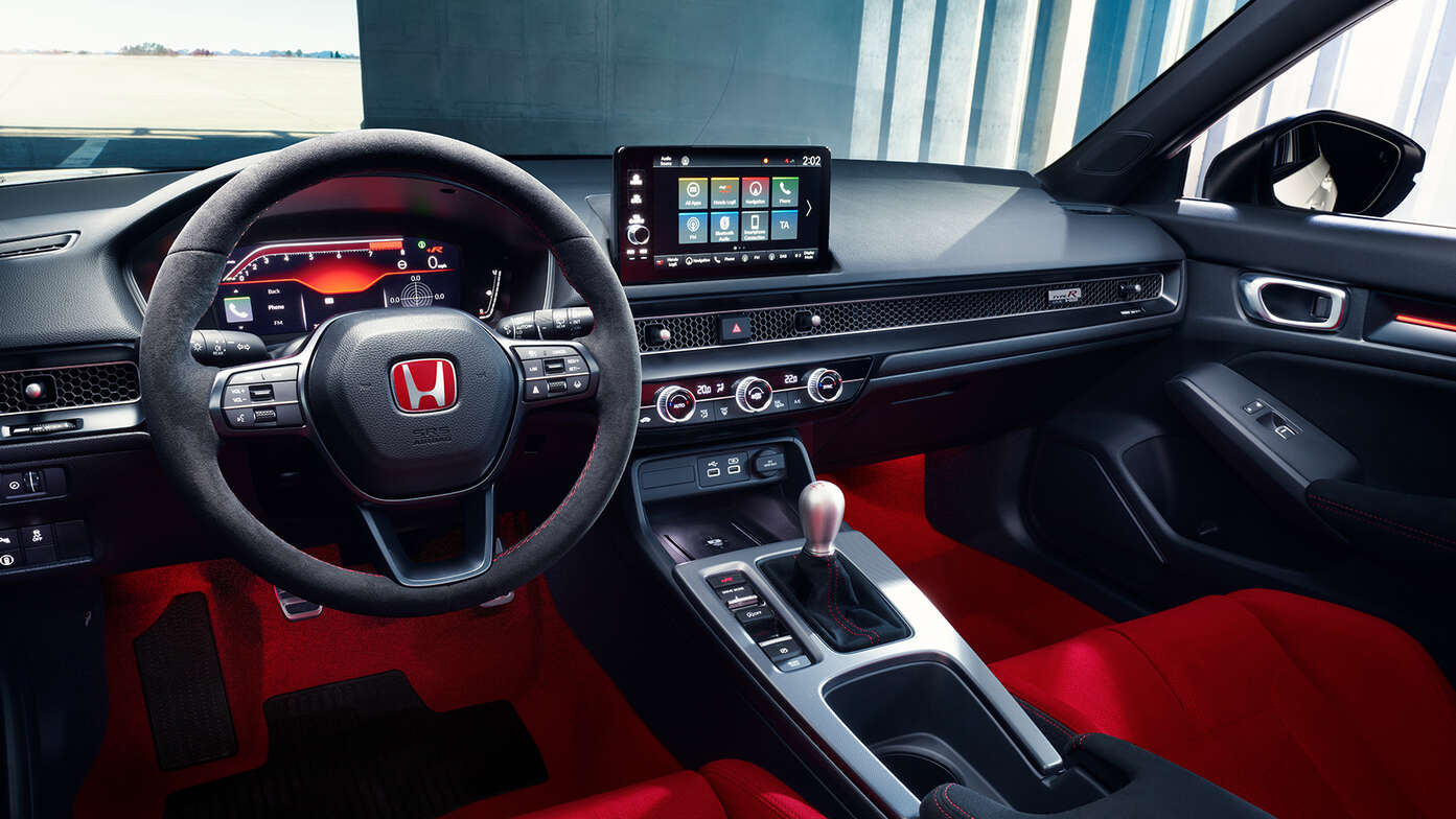 Close-up van het interieur van de Honda Civic Type R.