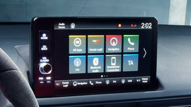 Close-up van het 9" touchscreen display van de Honda Civic Type R.