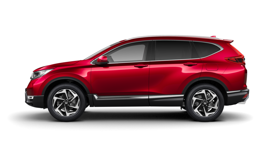 Zijaanzicht Honda CR-V in Premium Crystal Red Metallic.
