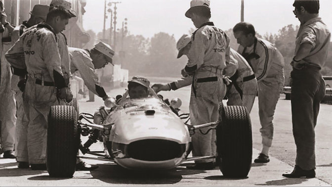 Soichiro Honda in preparation for our very first Formula 1 race in 1964 at the Hungarian Grand Prix.