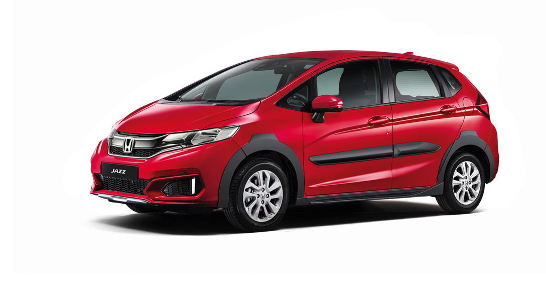 Driekwart vooraanzicht van rechterkant Honda Jazz X-Road. Schilderachtig shot.