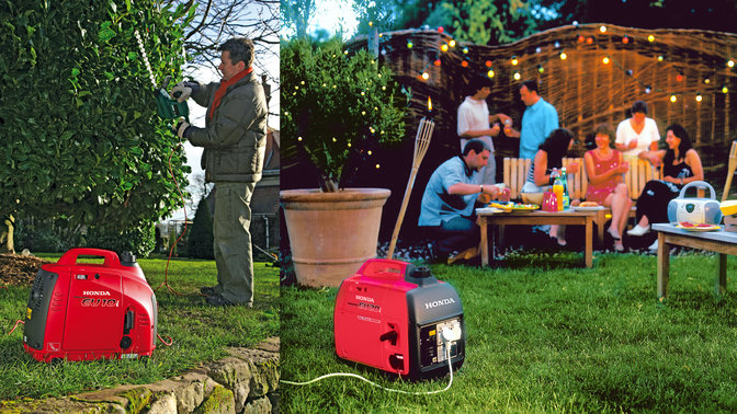 Links: Honda draagbare generatoren, in gebruik door model, tuinlocatie.