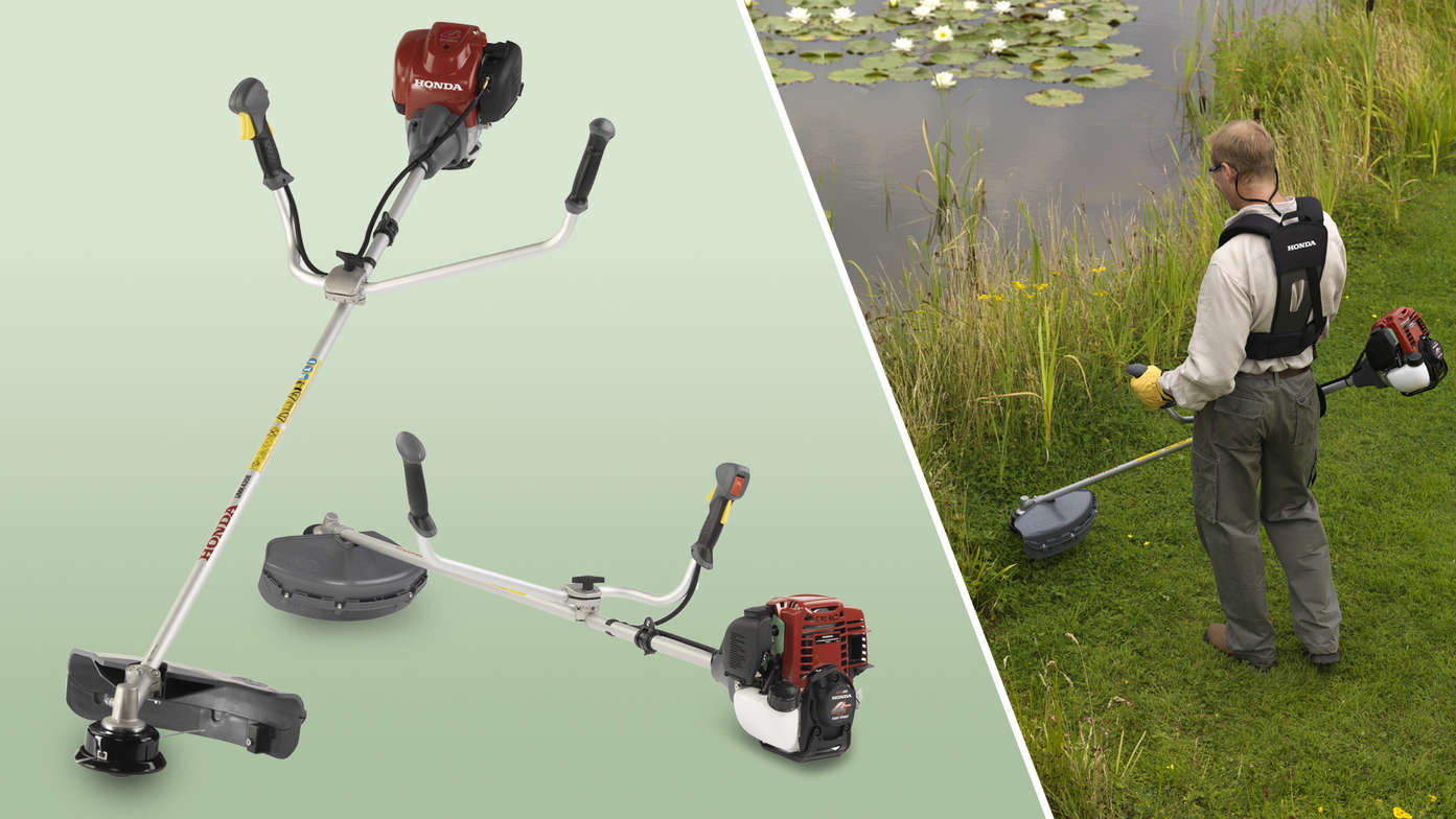 Links: 2x Honda bosmaaiers Rechts: Bosmaaier in gebruik door model, tuinlocatie.