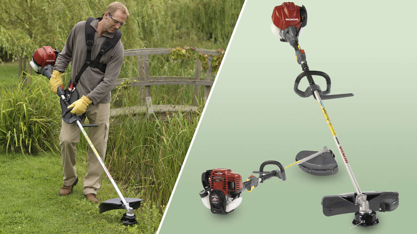 Links: bosmaaier in gebruik door model. Rechts: 2x Honda bosmaaiers.