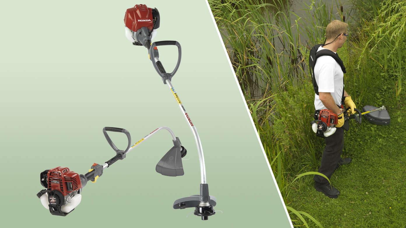 Links: 2x Honda bosmaaiers. Rechts: bosmaaier in gebruik door model, tuinlocatie.