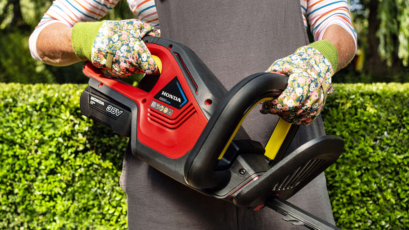 Model houdt de accu Honda heggenschaar vast aan de handgreep in de tuin.