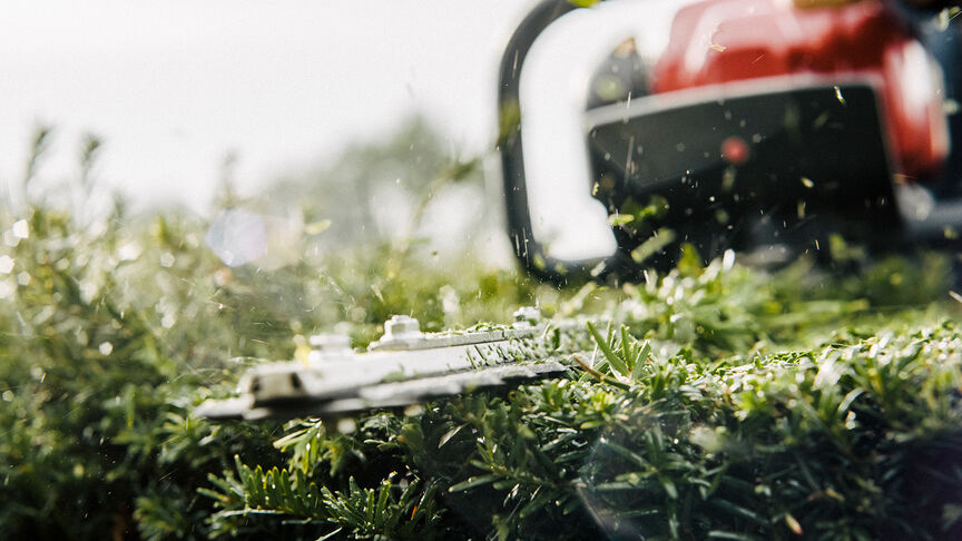 Man gebruikt heggenschaar met hoofdtelefoon met ruisonderdrukking