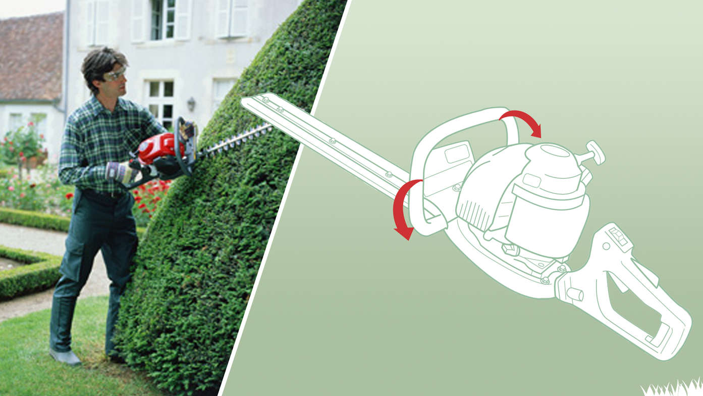 Links: Honda heggenscharen, in gebruik door model, tuinlocatie. Rechts: Diagram van hendels en bedieningselementen.