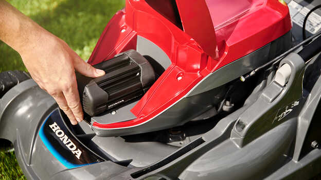 Close-up van de Honda HRX batterij.