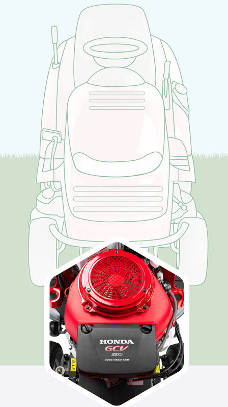Illustratie van midrange zitmaaier, met focus op motor.