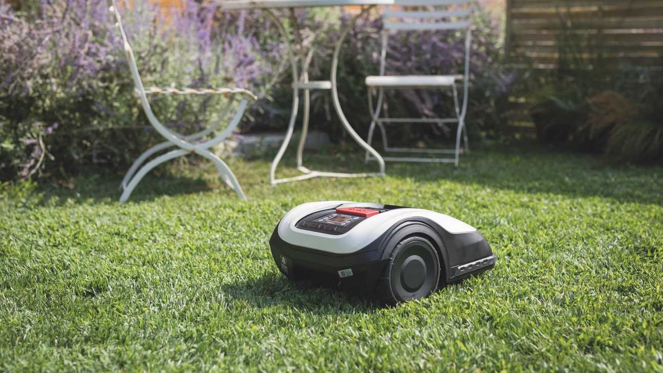 Driekwart achteraanzicht van Honda Miimo in een tuin met een tafel en stoelen op de achtergrond.