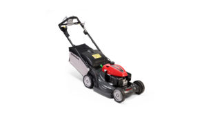 Honda grasmaaier, driekwart vooraanzicht, zicht op rechterkant.