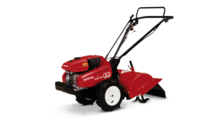 3/4 zicht op linkerkant van roterende tuinfrees.