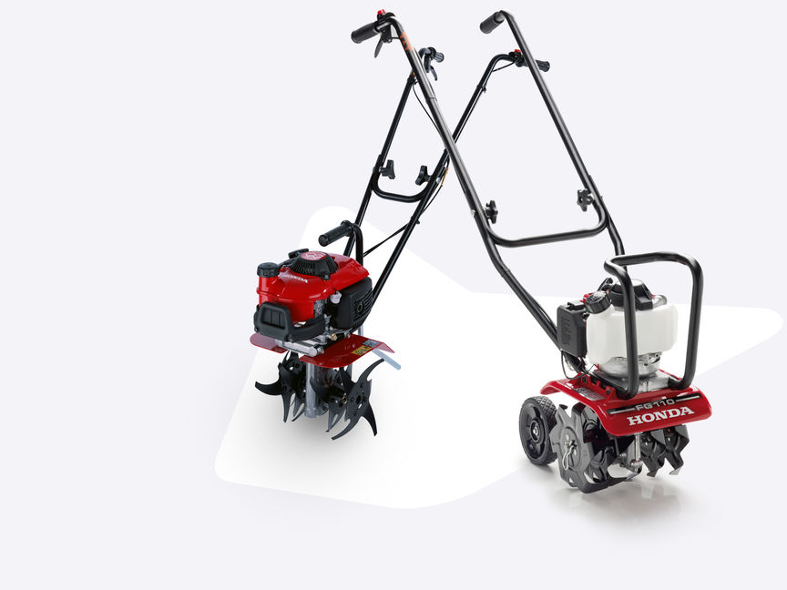 2x Honda-microtuinfrezen met verschillende hulpstukken.