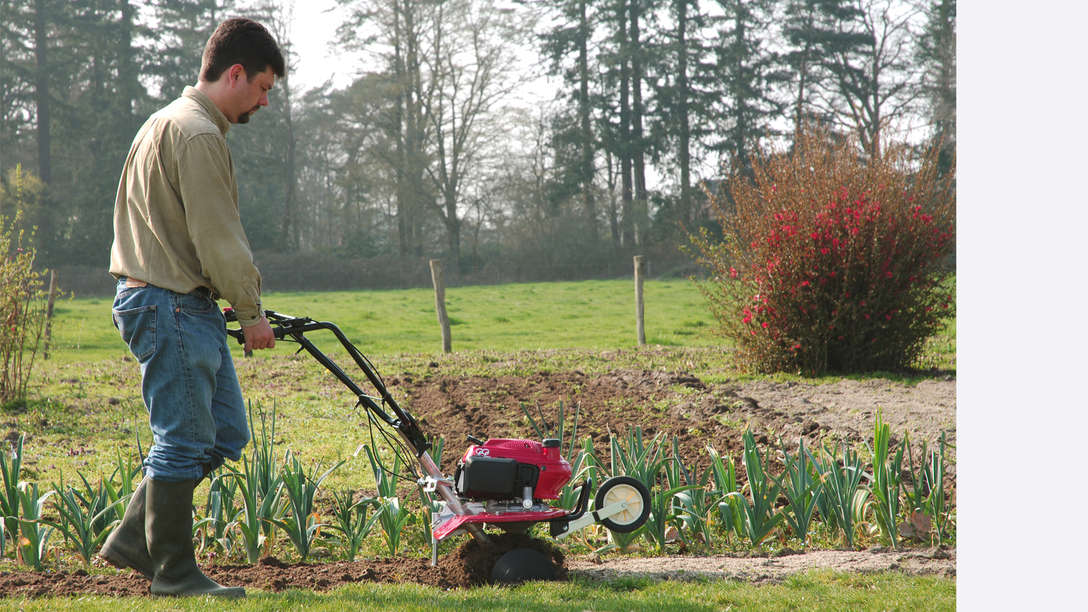 Minituinfrees, zicht op rechterkant, in gebruik door model, tuinlocatie.