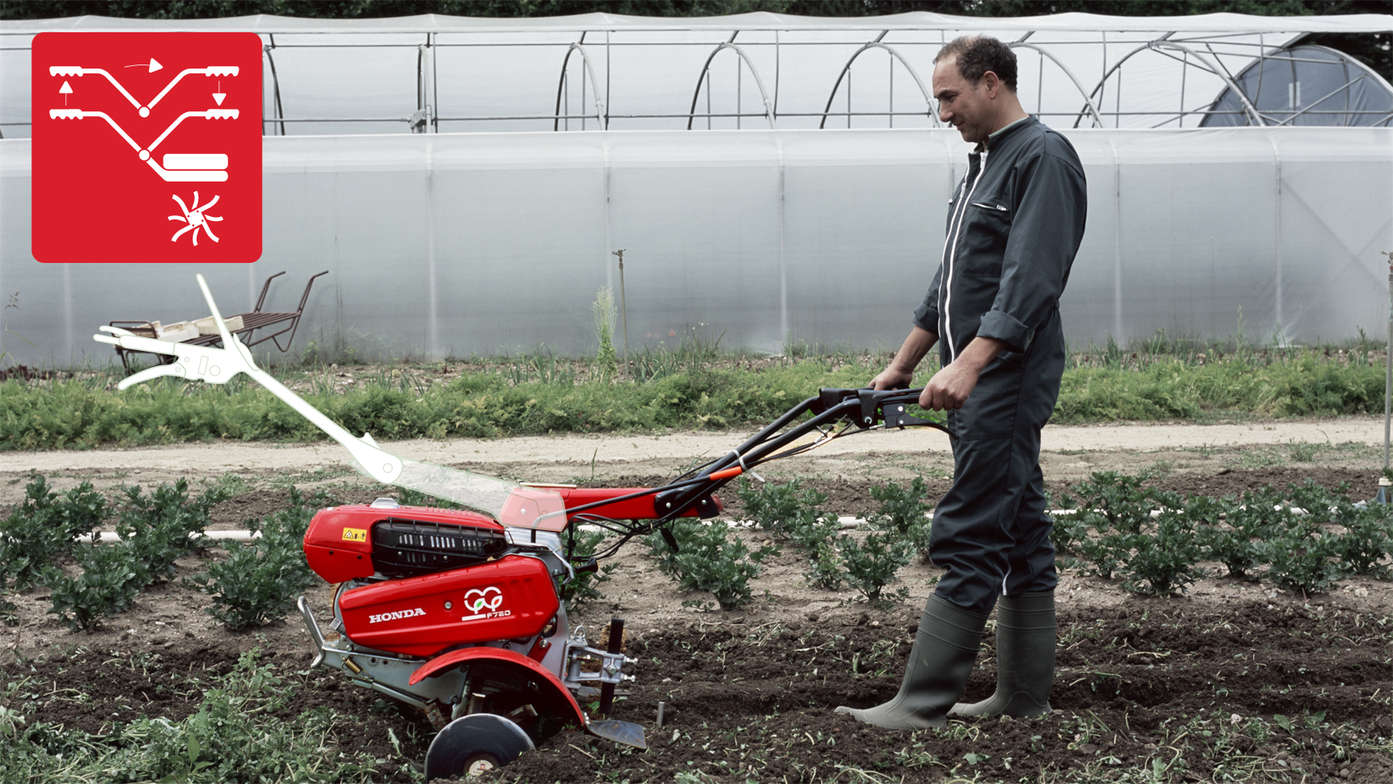 Tweewielige trekker, met focus op omkeerbare stuurstang, in gebruik door model, tuinlocatie.