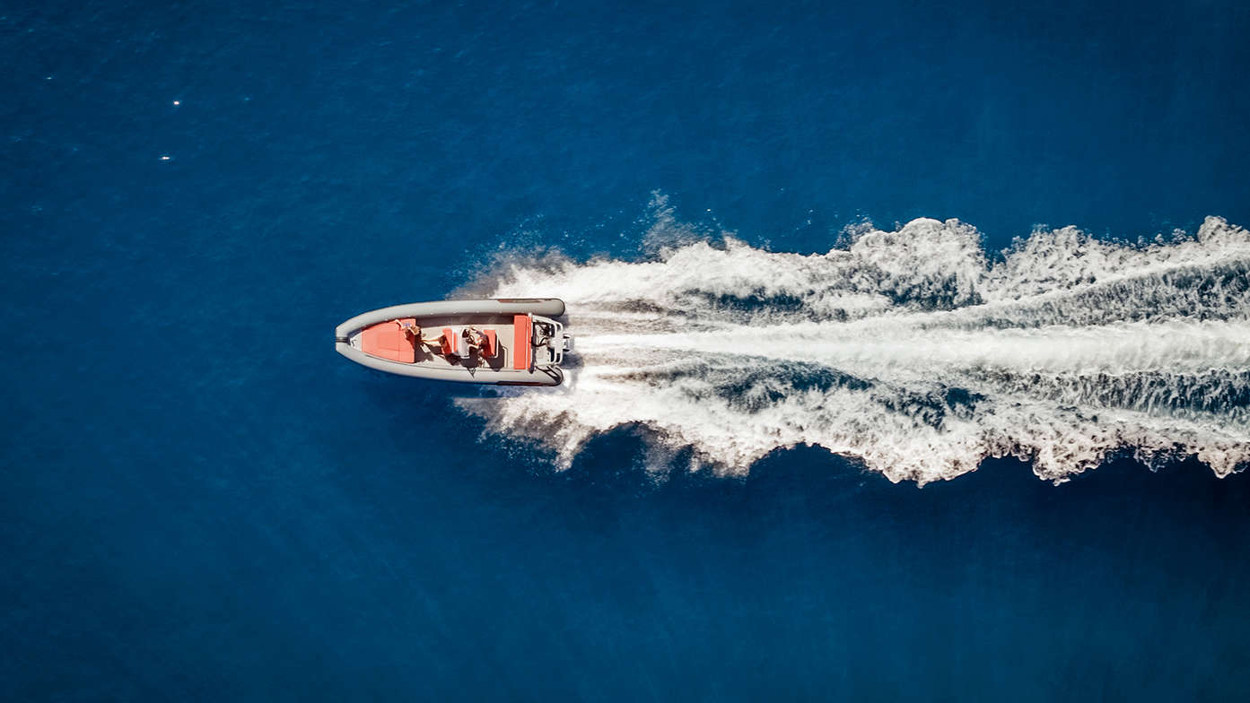 Birsdeye view of Honda inflatable with marine engine.