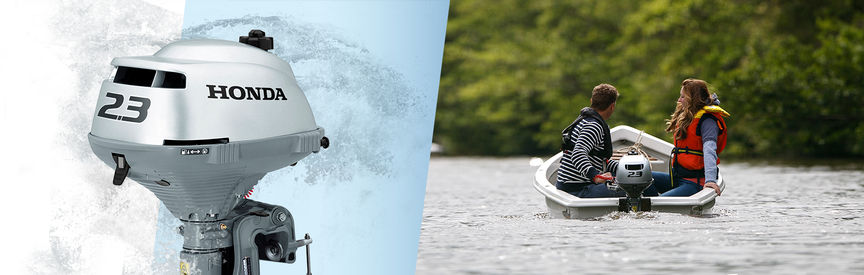 Links: 2x Honda buitenboordmotoren. Rechts: Boot met Honda motor, in gebruik door modellen, meerlocatie.