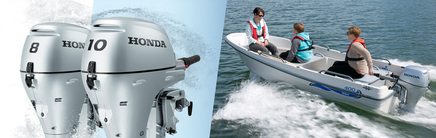 Links: 2x Honda buitenboordmotoren. Rechts: Boot met Honda motor, in gebruik door modellen, kustlocatie.