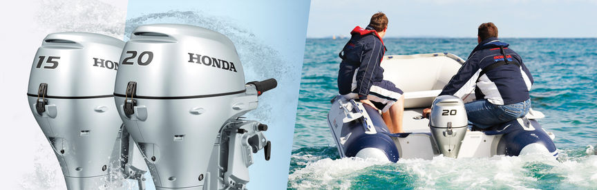 Links: 2x Honda buitenboordmotoren. Rechts: Boot met Honda motor, in gebruik door modellen, kustlocatie.