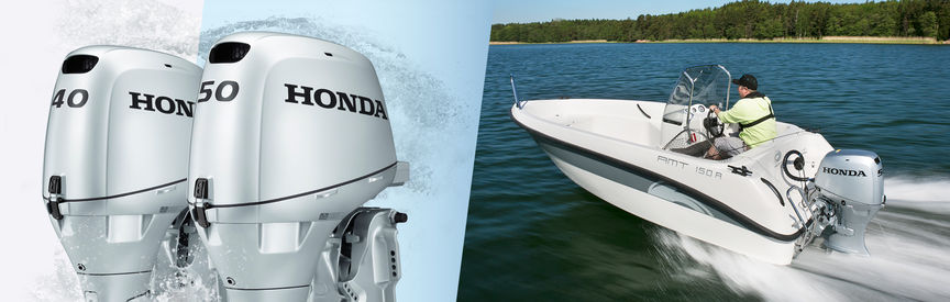 Links: 2x Honda buitenboordmotoren. Rechts: Boot met Honda motor, in gebruik door modellen, meerlocatie.
