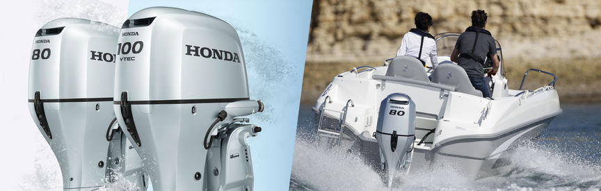 Links: 2x Honda buitenboordmotoren. Rechts: Boot met Honda motor, in gebruik door modellen, kustlocatie.