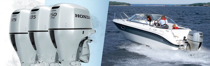 Links: 3x Honda buitenboordmotoren. Rechts: Boot met Honda motor, in gebruik door modellen, kustlocatie.