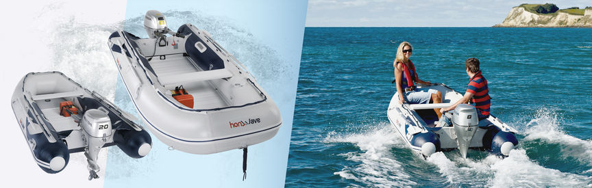 Links: 2x Honda opblaasboten. Rechts: Honda opblaasboot, in gebruik door modellen, kustlocatie.