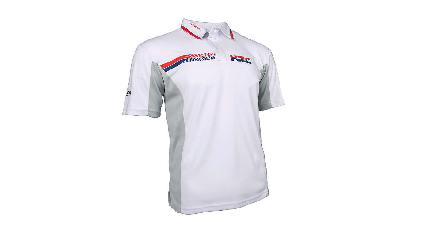 Witte HRC racing-polo met Honda Racing Corporation-logo afgebeeld.