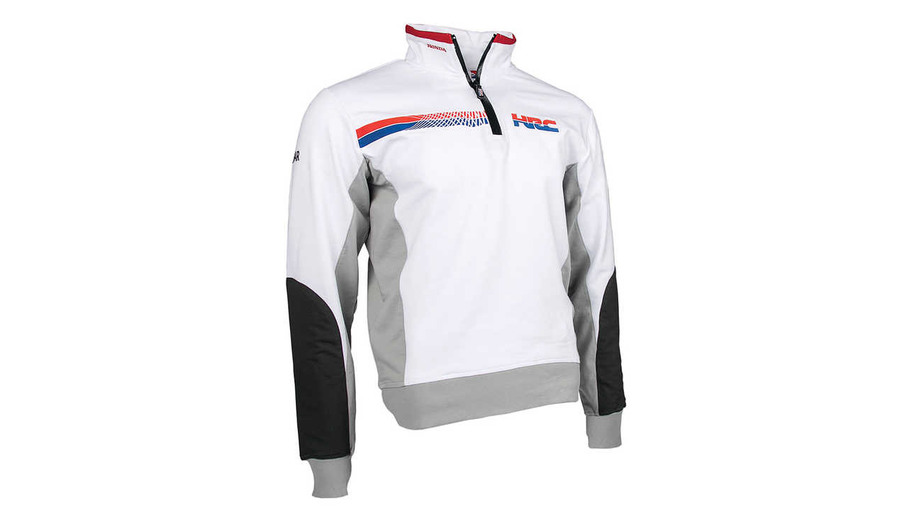 Wit Honda HRC hoodie-sweatshirt teamkleuren met Honda Racing Corporation.