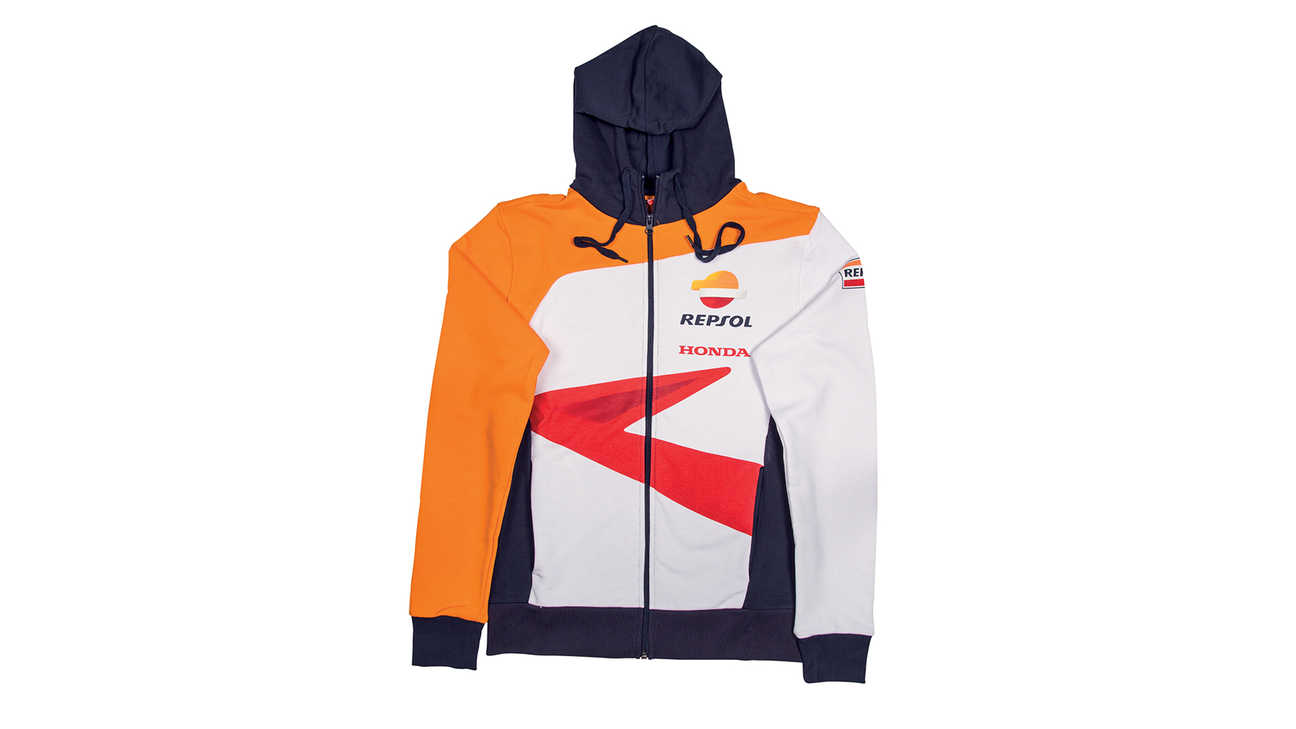 Honda hoodie met MotoGP-teamkleuren en Repsol logo.