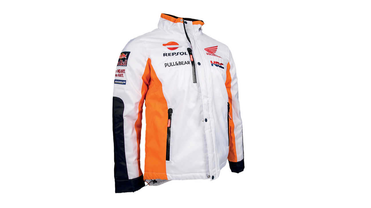 Witte Honda winterjas met MotoGP-teamkleuren en Repsol logo.