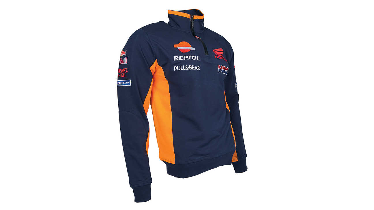 Blauw Honda sweatshirt met MotoGP-teamkleuren en Repsol logo.