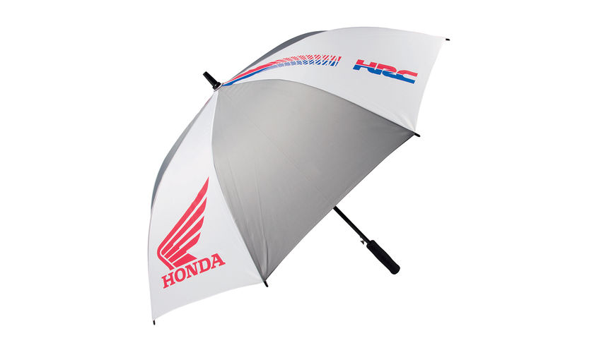 Grijs-witte Honda HRC paraplu in HRC-kleuren met Honda wings logo.
