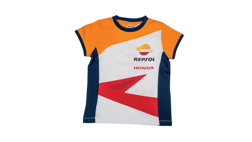 Honda Repsol kinder-T-shirt met Honda MotoGP-kleuren en Repsol logo.