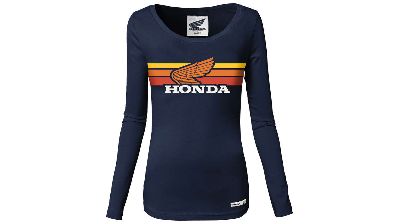 Dames marineblauw vintage Honda t-shirt lange mouwen. 