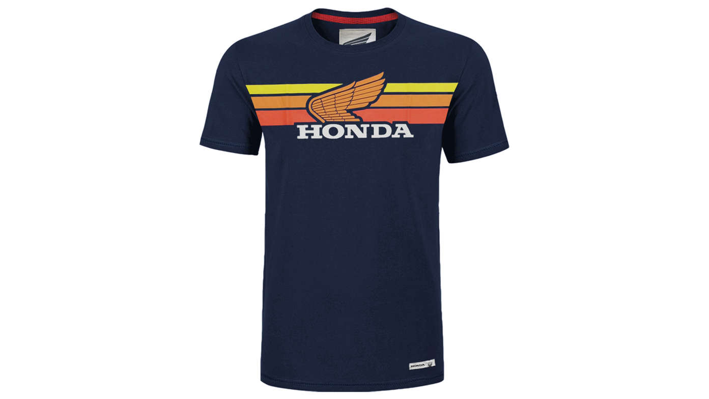 Marineblauw en sunset vintage Honda T-shirt