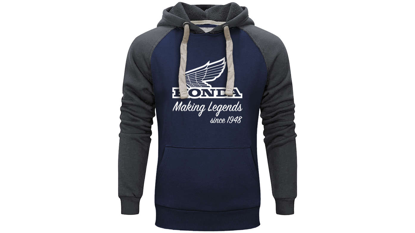 Marineblauw en grijze Vintage Honda hoodie. 