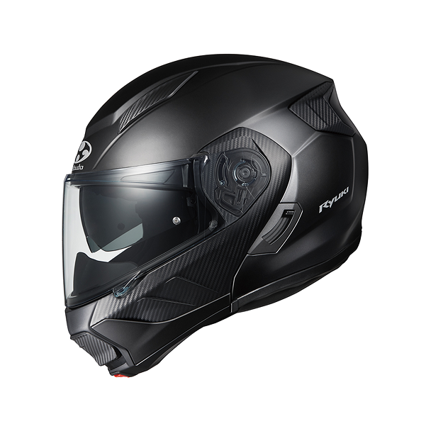 A sleek, matte black motorcycle helmet with a flip-up chin bar and clear visor. The helmet features carbon fiber accents and the Ryuki branding, indicating it's a modular design for both full-face and open-face use.