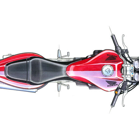 Bovenaanzicht ontwerpschetsen van de Honda Hornet.