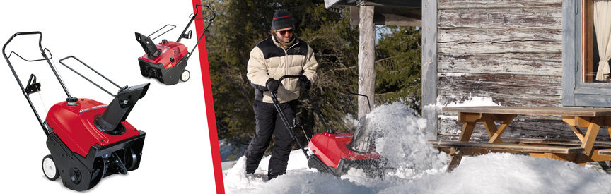 Links: 2x enkeltraps sneeuwfrezen. Rechts: enkeltraps sneeuwblazer, in gebruik door model, tuinlocatie.